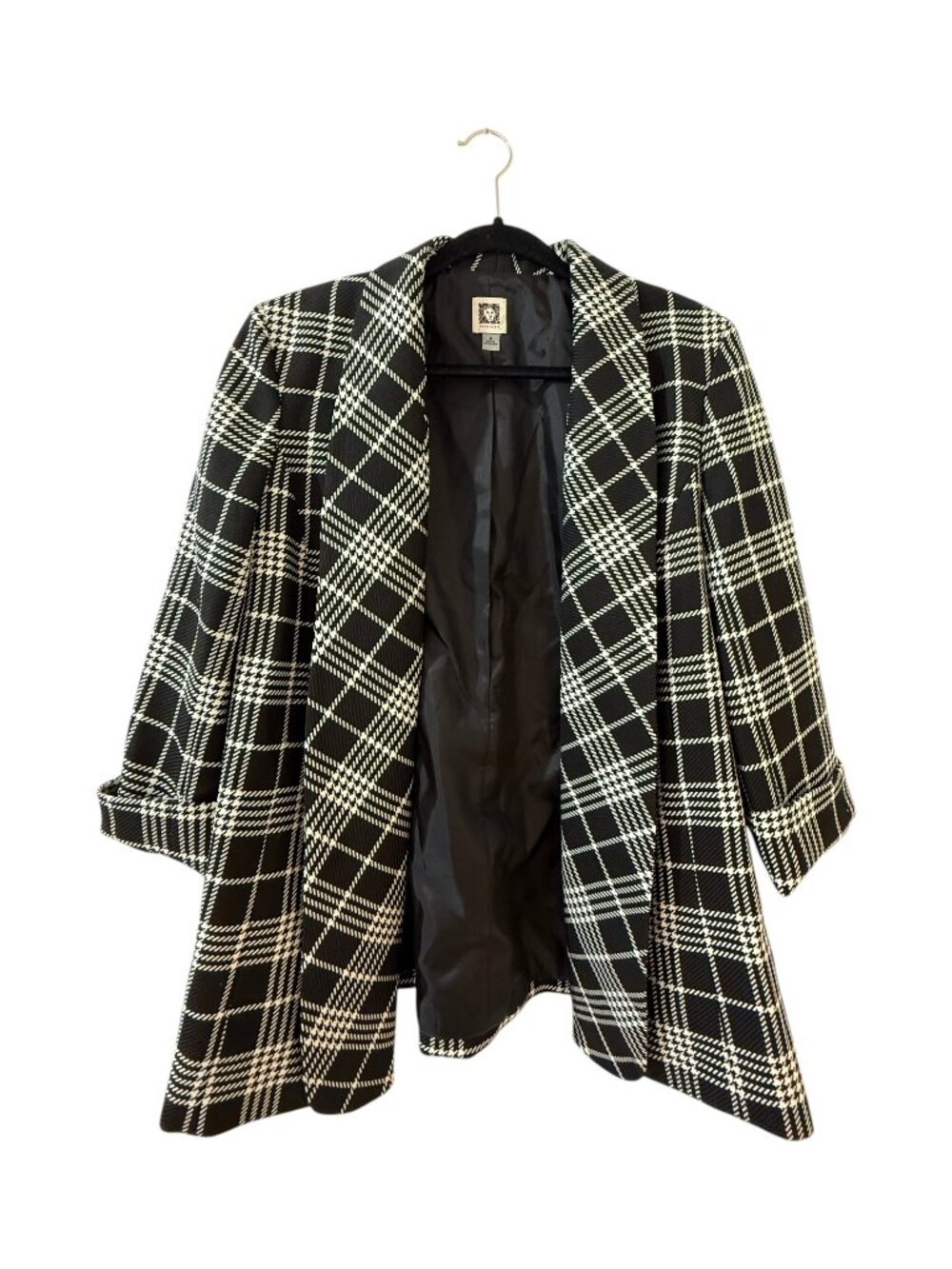 Anne Klein Medium Black and White Plaid Blazer Polyester Rayon Spandex